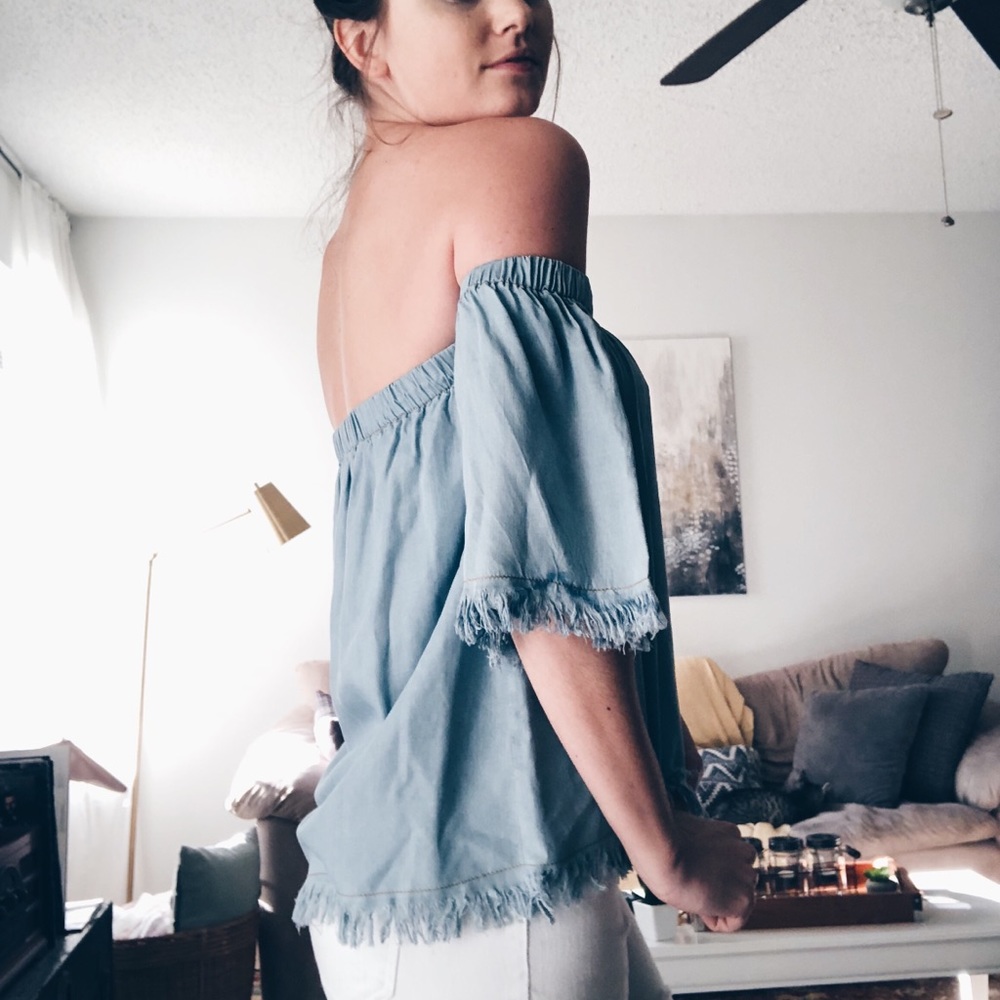 Off the shoulder chambray shirt
